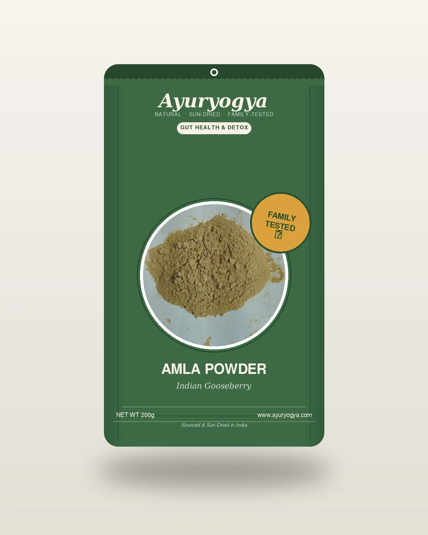 Ayuryogya Amla Powder pouch packaging with a window showing the raw Indian gooseberry powder