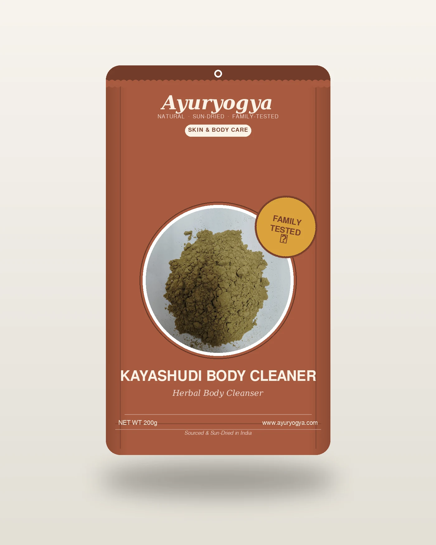 Ayuryogya Kayashudi Body Cleaner pouch packaging with a window showing the raw powder